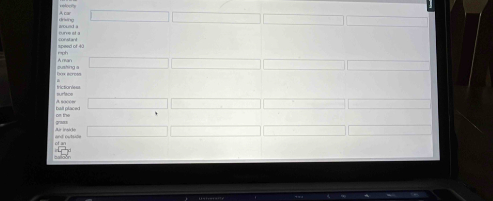 velocity
A car
driving
around a
curve at 
speed of 40
mph
A man
pushing a
box across
a
frictionless
surface
A soccer
ball placed
on the
grass
Air inside
and outside 
of an