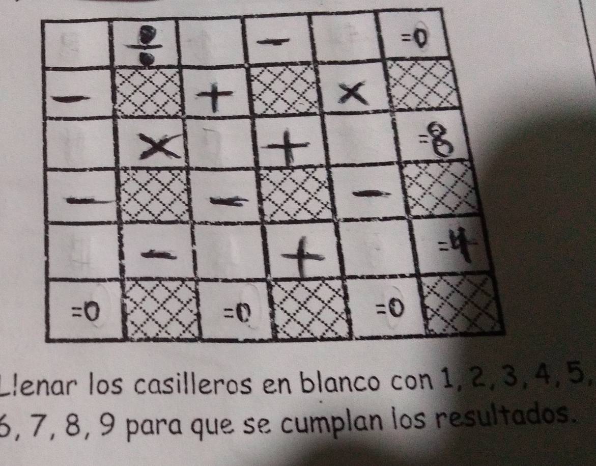 Llenar los casilleros 4, 5,
6, 7, 8, 9 para que se cumplan los resultados.