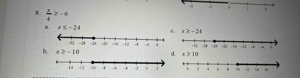  x/4 ≥ -6
a. x≤ -24
c. x≥ -24
b. x≥ -10
d. x≥ 10