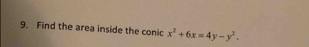 Find the area inside the conic x^2+6x=4y-y^2.