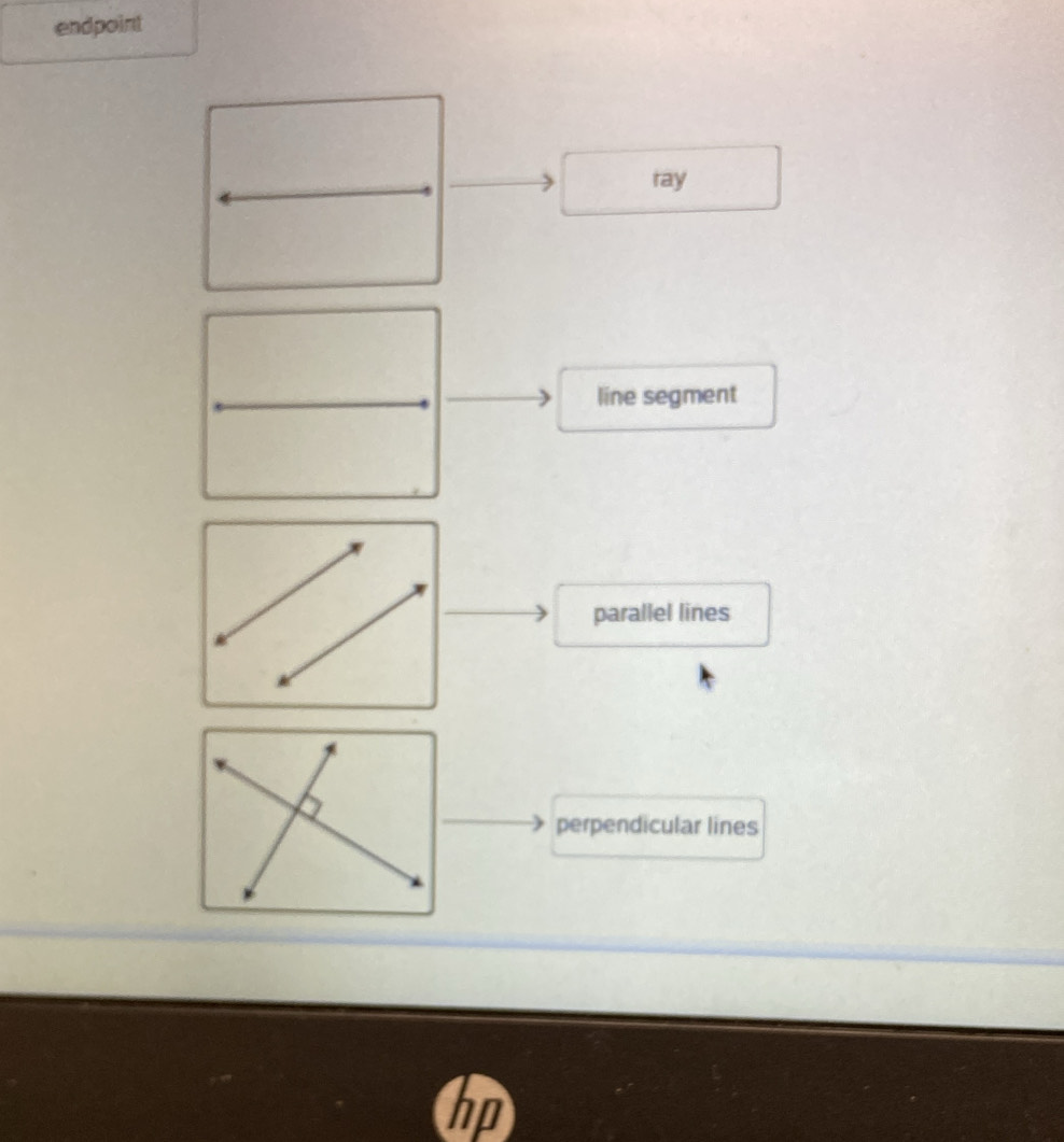 endpoint
tay
line segment
parallel lines
perpendicular lines
hp