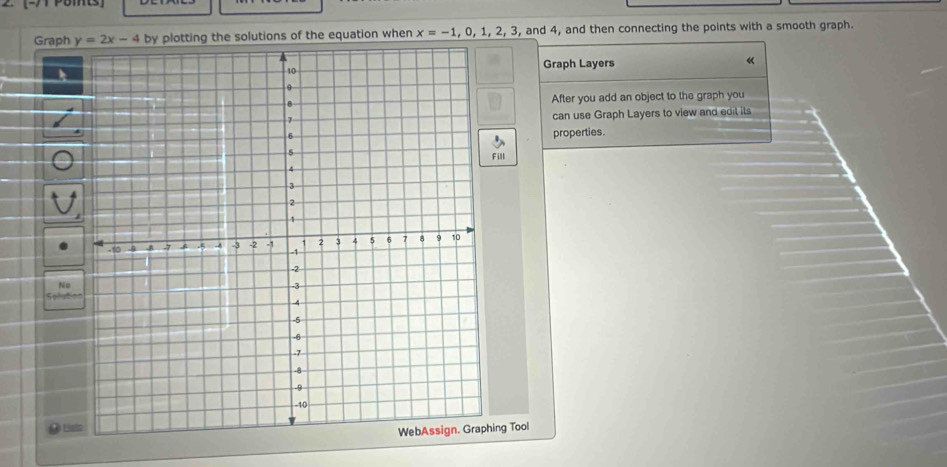 2 7 Poms 
Graph y=2x-4 by plotting the solutions of the equation when x=-1,0,1,2,3 , and 4, and then connecting the points with a smooth graph. 
Graph Layers 
《 
After you add an object to the graph you 
can use Graph Layers to view and edit its 
properties. 
Fill 
e 
⑨_= 
ing Tool