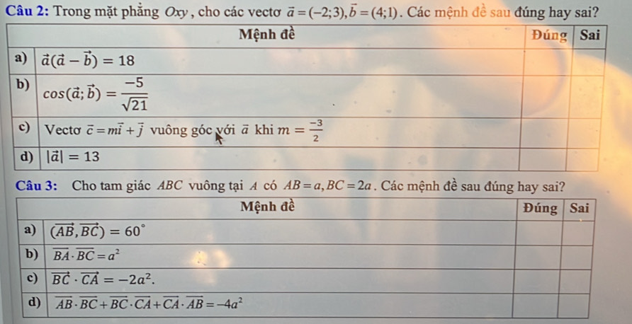 Trong mặt phẳng Oxy , cho các vectơ vector a=(-2;3),vector b=(4;1). Các mệnh đề sau đúng hay sai?
Câu 3: Cho tam giác ABC vuông tại A có AB=a,BC=2a Các mệnh đề sau đúng hay sai?