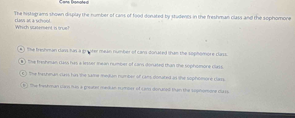 Cans Donated
The histograms shown display the number of cans of food donated by students in the freshman class and the sophomore
class at a school.
Which statement is true?
A) The freshman class has a grrater mean number of cans donated than the sophomore class.
B) The freshman class has a lesser mean number of cans donated than the sophomore class.
c) The freshman class has the same median number of cans donated as the sophomore class.
D) The freshman class has a greater median number of cans donated than the sophomore class.