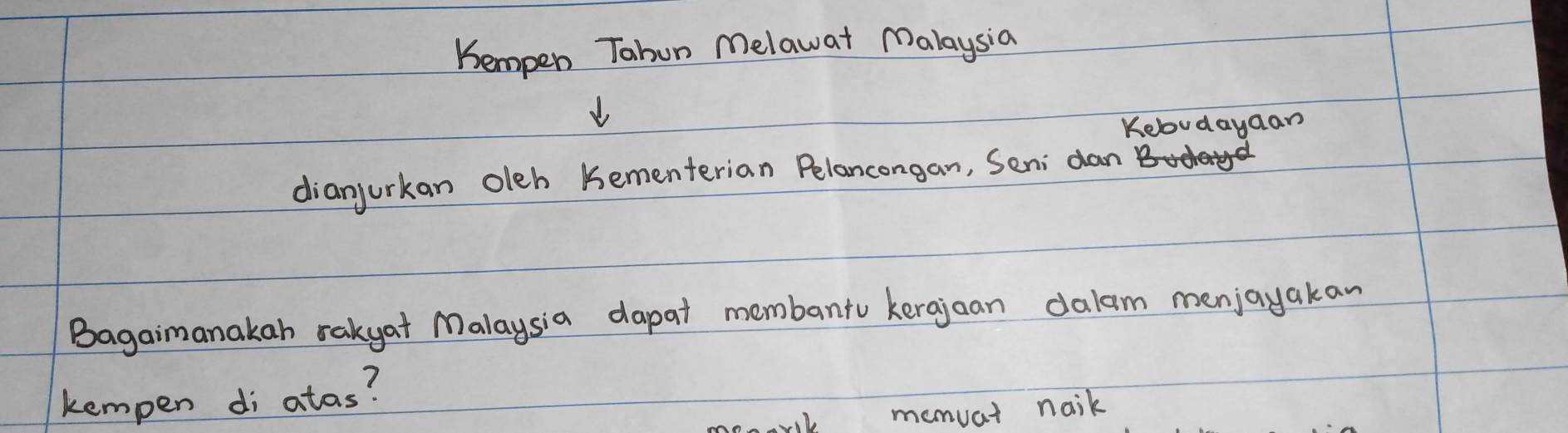 Bempen Tabun melawat Malaysia 
Kebudayaan 
dianjurkan oleb Kementerian Pelancongan, Seni C 
Bagaimanakan rakyat Malaysia dapat membanto kergjaan dalam menjayakan 
kempen di atas? 
I memuat naik