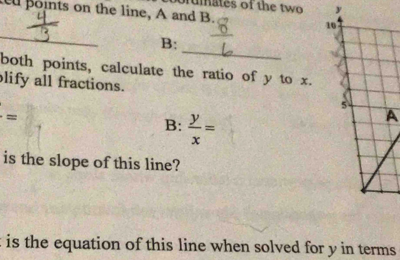 rumates of the two y
points on the line, A and B. 1 
_ 
_ 
B: 
both points, calculate the ratio of y to x. 
lify all fractions.
=
B:  y/x =
A 
is the slope of this line? 
is the equation of this line when solved for y in terms