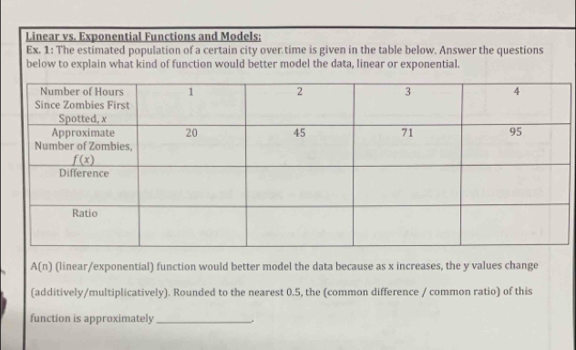 Linear vs. Exponential Functions and Models:
Ex. 1: The estimated population of a certain city over time is given in the table below. Answer the questions
below to explain what kind of function would better model the data, linear or exponential.
A(n) (linear/exponential) function would better model the data because as x increases, the y values change
(additively/multiplicatively). Rounded to the nearest 0.5, the (common difference / common ratio) of this
function is approximately_ 