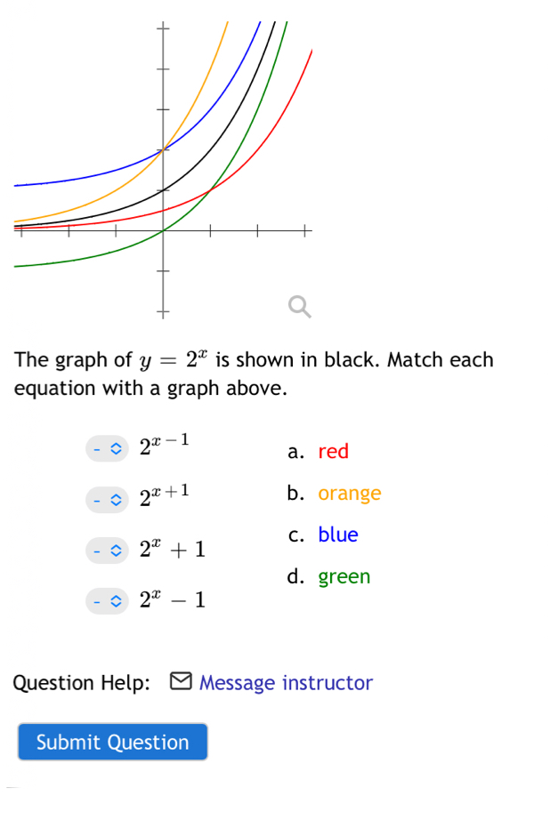 The graph of y=2^x is shown in black. Match each
equation with a graph above.
2^(x-1)
a. red
2^(x+1) b. orange
2^x+1 c. blue
d.green
2^x-1
Question Help: Message instructor
Submit Question