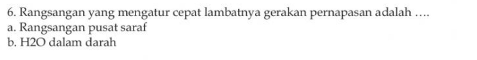 Rangsangan yang mengatur cepat lambatnya gerakan pernapasan adalah ….
a. Rangsangan pusat saraf
b. H2O dalam darah