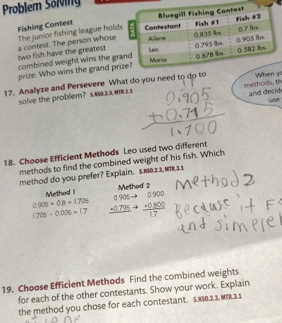 Problem Solving 
Fishing Contest 
The junior fishing league holds 
a contest. The person whose 
two fish have the greatest 
combined weight wins the gra 
prize. Who wins the grand pri 
17. Analyze and Persevere What do you need to do to When y 
methods, th 
solve the problem? 5. N50.2.3, MTR. 1.1
and decid 
use 
18. Choose Efficient Methods Leo used two different 
methods to find the combined weight of his fish. Which 
method do you prefer? Explain. 5. N50.2.3, MTR.3.1 
Method I Method 2
0.905+0.8=1.705
1.705-0.005=1.7 beginarrayr 0.905 +0.795 hline endarray beginarrayr 0.900 +0.800 hline 1.7endarray
19. Choose Efficient Methods Find the combined weights 
for each of the other contestants. Show your work. Explain 
the method you chose for each contestant. 5.NS0.2.3, MTR.3.1