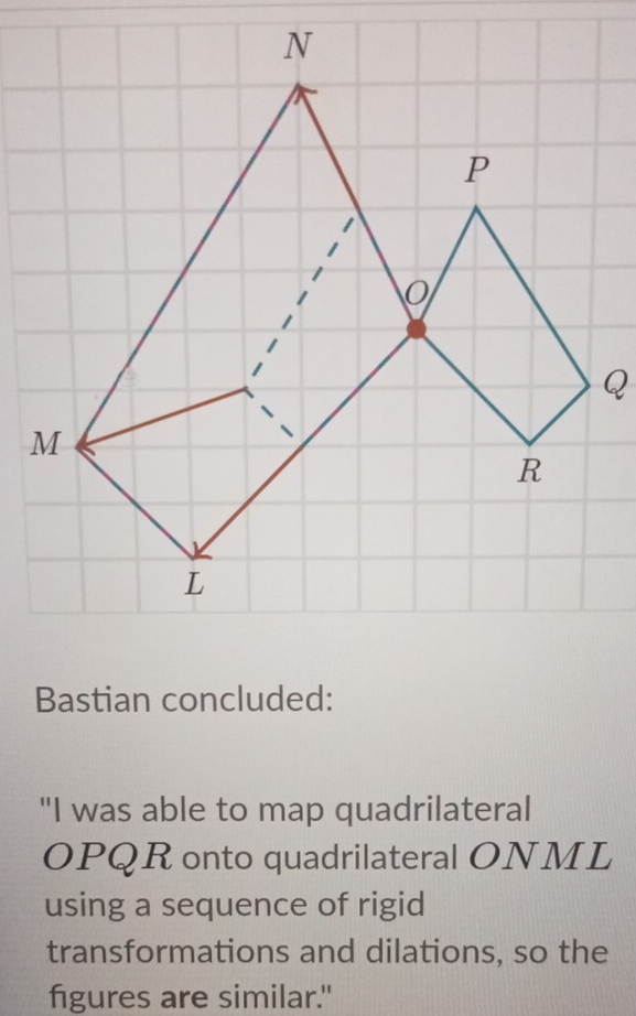 Bastian concluded: 
"I was able to map quadrilateral
OPQR onto quadrilateral ONML
using a sequence of rigid 
transformations and dilations, so the 
figures are similar."