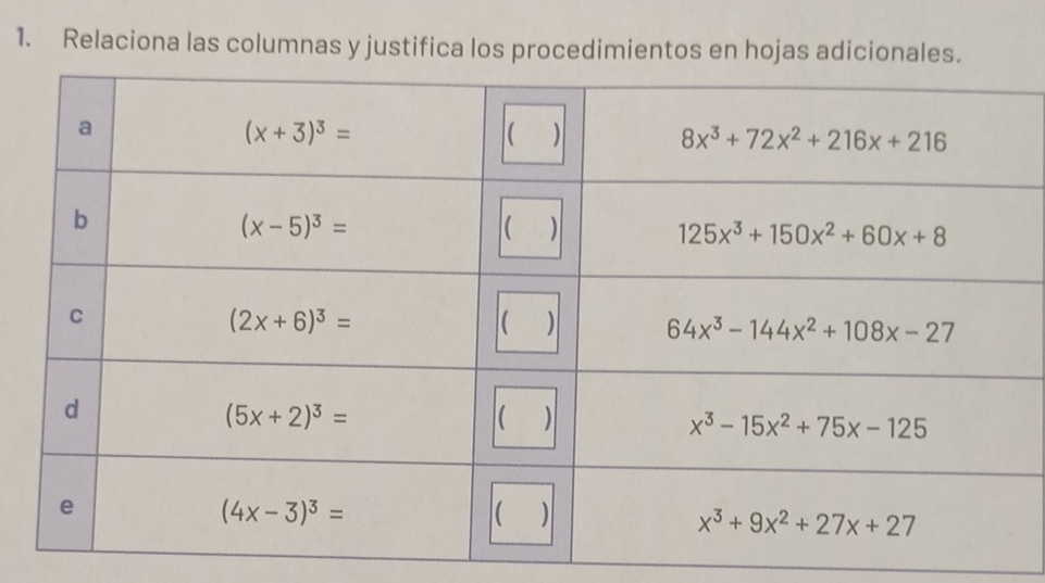 Relaciona las columnas y justifica los procedimientos en hojas adicionales.