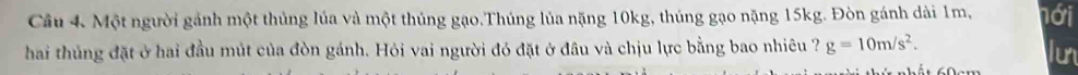 Một người gánh một thủng lúa và một thúng gạo.Thúng lúa nặng 10kg, thúng gạo nặng 15kg. Đòn gánh dài 1m, nới 
hai thủng đặt ở hai đầu mút của đòn gánh. Hỏi vai người đó đặt ở đầu và chịu lực bằng bao nhiêu ? g=10m/s^2. 
lur