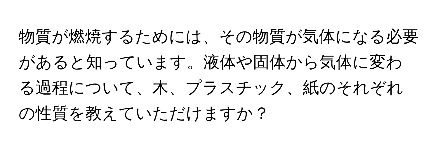 物質が燃焼するためには、その物質が気体になる必要があると知っています。液体や固体から気体に変わる過程について、木、プラスチック、紙のそれぞれの性質を教えていただけますか？