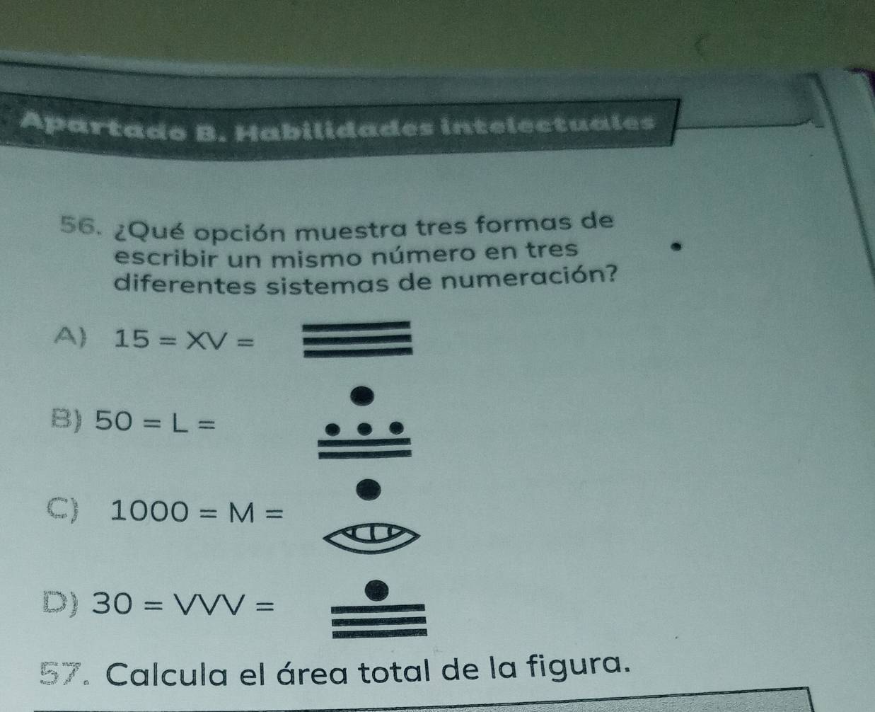 Apartado B. Habilidades intelectuales
56. ¿Qué opción muestra tres formas de
escribir un mismo número en tres
diferentes sistemas de numeración?
A 15=XV=
B) 50=L=
C) 1000=M=
D) 30=VVV=
57. Calcula el área total de la figura.