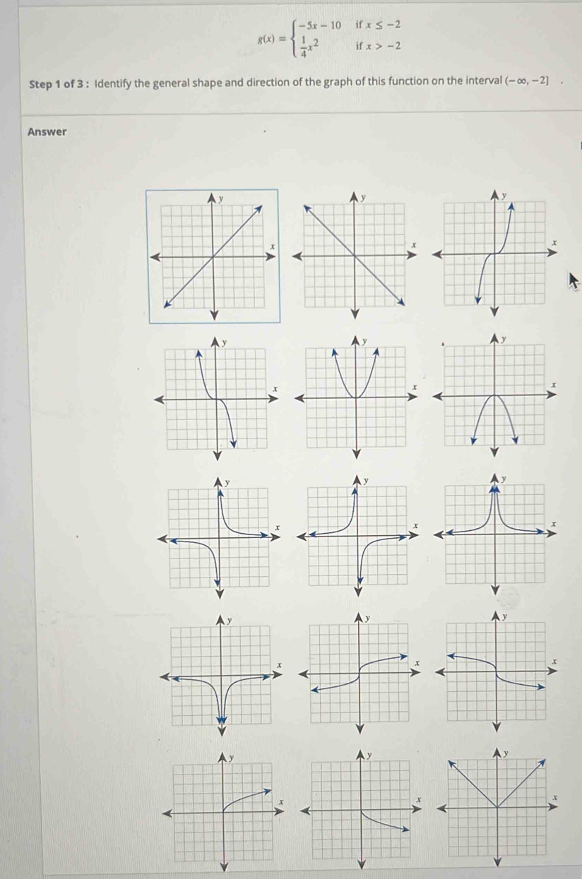 g(x)=beginarrayl -5x-10ifx≤ -2  1/4 x^2ifx>-2endarray.
Step 1 of 3 : Identify the general shape and direction of the graph of this function on the interval (-∈fty ,-2]. 
Answer