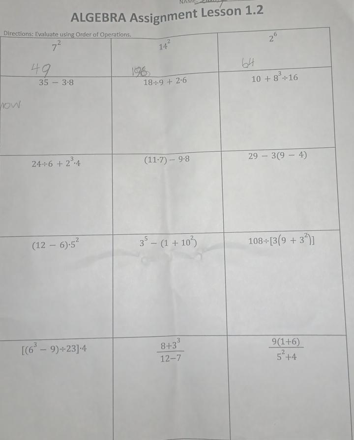 NAM
ALGEBRA Assignment Lesson 1.2
Directi