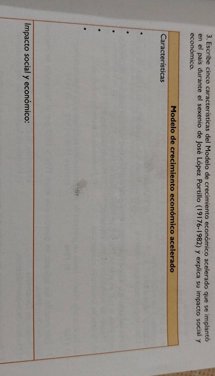 Escribe cinco características del Modelo de crecimiento económico acelerado que se implantó 
en el país durante el sexenio de José López Portillo (19176-1982) y explica su impacto social y 
económico.