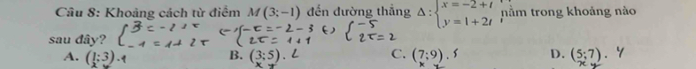 Khoảng cách từ điểm M(3;-1) đến đường thắng Delta :beginarrayl x=-2+t y=1+2tendarray. nằm trong khoảng nào
sau đây?
A. (1;3) B. C. (7;9).5 D. (5;7)