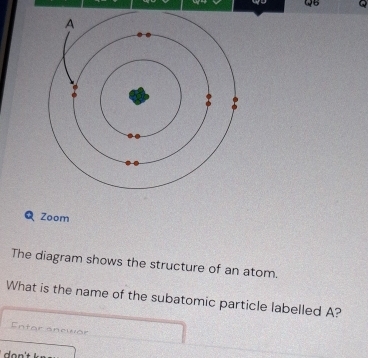 QB 
Q Zoom 
The diagram shows the structure of an atom. 
What is the name of the subatomic particle labelled A? 
Entar anewar 
don