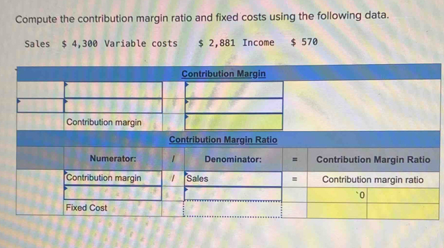Solved: Compute the contribution margin ratio and fixed costs using the ...