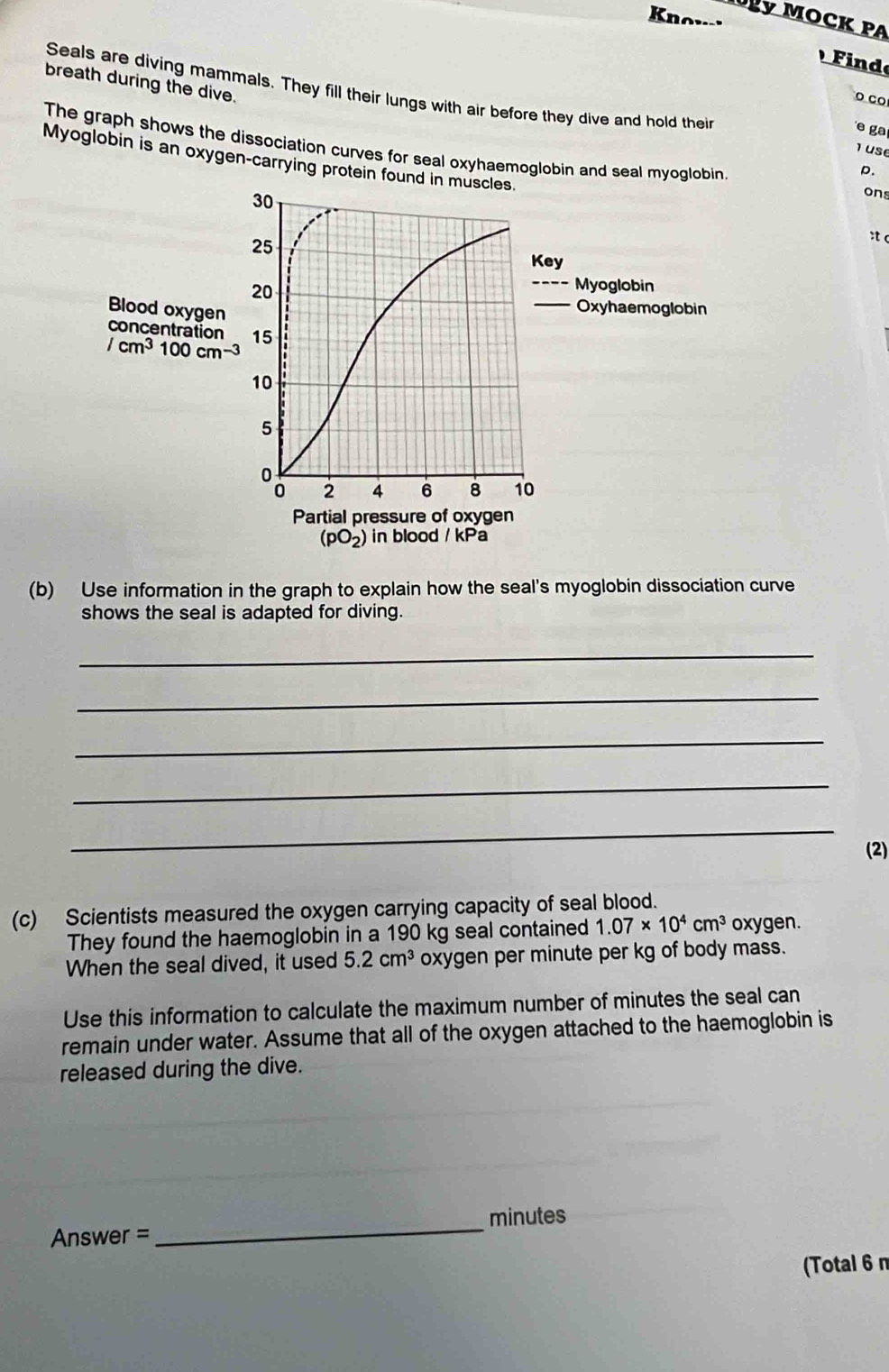 Kno 
Uy MOCK pA 
ind 
breath during the dive. 
Seals are diving mammals. They fill their lungs with air before they dive and hold their 
o ço 
e ga 
The graph shows the dissociation curves for seal oxyhaemoglobin and seal myoglobin 
1 use 
Myoglobin is an oxygen-carrying protein found in muscles. 
D.
30
ons
25
:t ( 
Key
20
Myoglobin 
Blood oxygen 
Oxyhaemoglobin 
concentration 15
/cm^3100cm^- 3
10
5
2 4 6 8 10
Partial pressure of oxygen
(pO_2') in blood / kPa 
(b) Use information in the graph to explain how the seal's myoglobin dissociation curve 
shows the seal is adapted for diving. 
_ 
_ 
_ 
_ 
_ 
(2) 
(c) Scientists measured the oxygen carrying capacity of seal blood. 
They found the haemoglobin in a 190 kg seal contained 1.07* 10^4cm^3 oxygen. 
When the seal dived, it used 5.2cm^3 oxygen per minute per kg of body mass. 
Use this information to calculate the maximum number of minutes the seal can 
remain under water. Assume that all of the oxygen attached to the haemoglobin is 
released during the dive.
minutes
Answer = 
_ 
(Total 6 n