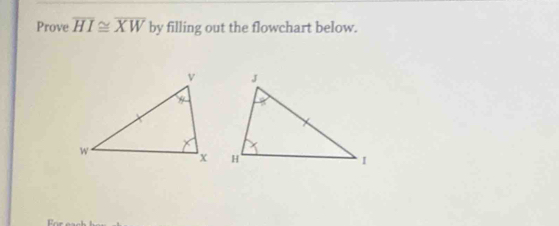 Prove overline HI≌ overline XW by filling out the flowchart below.