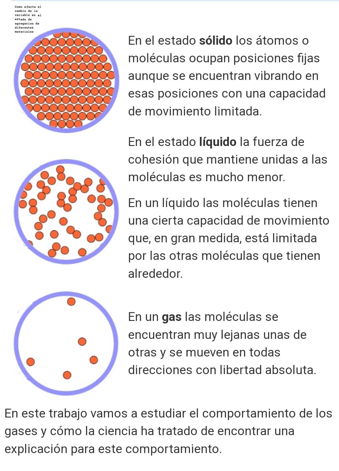 Como afecta el
cambio de la
agregacion de
En el estado sólido los átomos o
moléculas ocupan posiciones fijas
aunque se encuentran vibrando en
esas posiciones con una capacidad
de movimiento limitada.
En el estado líquido la fuerza de
cohesión que mantiene unidas a las
moléculas es mucho menor.
En un líquido las moléculas tienen
una cierta capacidad de movimiento
que, en gran medida, está limitada
por las otras moléculas que tienen
alrededor.
En un gas las moléculas se
encuentran muy lejanas unas de
otras y se mueven en todas
direcciones con libertad absoluta.
En este trabajo vamos a estudiar el comportamiento de los
gases y cómo la ciencia ha tratado de encontrar una
explicación para este comportamiento.