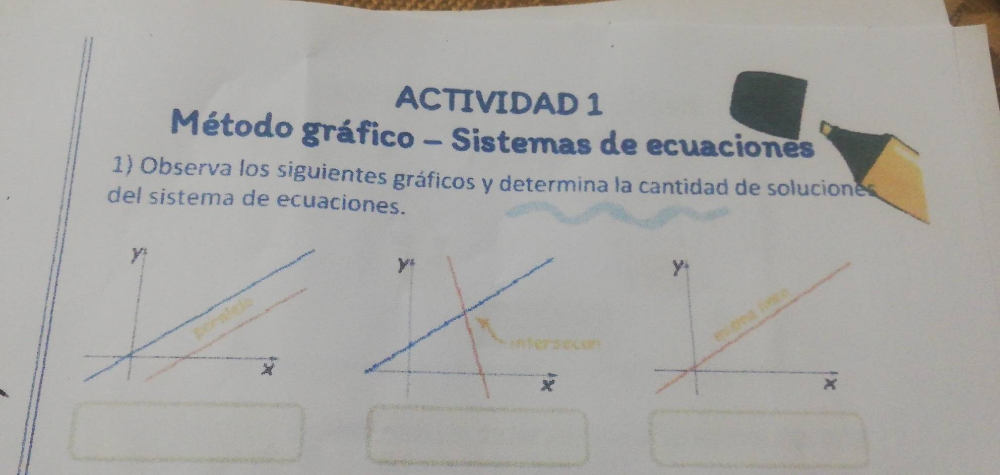 ACTIVIDAD 1 
Método gráfico - Sistemas de ecuaciones 
1) Observa los siguientes gráficos y determina la cantidad de soluciones 
del sistema de ecuaciones.