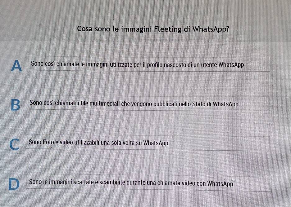 Cosa sono le immagini Fleeting di WhatsApp?
A Sono così chiamate le immagini utilizzate per il profilo nascosto di un utente WhatsApp
B Sono così chiamati i file multimediali che vengono pubblicati nello Stato di WhatsApp
C Sono Foto e video utilizzabili una sola volta su WhatsApp
Sono le immagini scattate e scambiate durante una chiamata video con WhatsApp