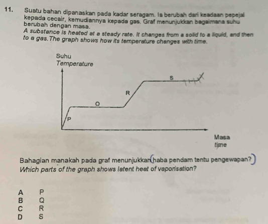 Suatu bahan dipanaskan pada kadar seragam. la berubah dari keadaan pepejal
kepada cecair, kemudiannya kepada gas. Graf menunjukkan bagaimana suhu
berubah dengan masa.
A substance is heated at a steady rate. It changes from a solid to a liquid, and then
to a gas.The graph shows how its temperature changes with time.
Suhu
Temperature
s
R
Q
P
Masa
time
Bahagian manakah pada graf menunjukkan haba pendam tentu pengewapan?
Which parts of the graph shows latent heat of vaporisation?
A P
B Q
C R
D S