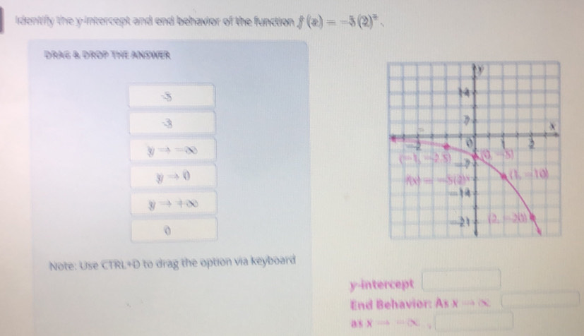 identify the y-intercept and end behavior of the function f(x)=-5(2)^x.
DRAG & DROP THE ANSWER
3
3
yto =∈fty
yto 0
yto +∈fty
0
Note: Use CTRL+D to drag the option via keyboard
y-intercept □
End Behavior: n_i xto ∈fty x_x,a_1)(x_2,a_3)
asxto -∈fty ,□