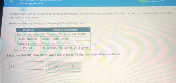 Counting principle 
Adams High School is going to select a committee. The committee will have a faculty member, a male student, a female 
student, and a parent. 
Here are the positions and the people interested in each. 
Based on this list, how many ways are there to fill the four committee positions? 
×