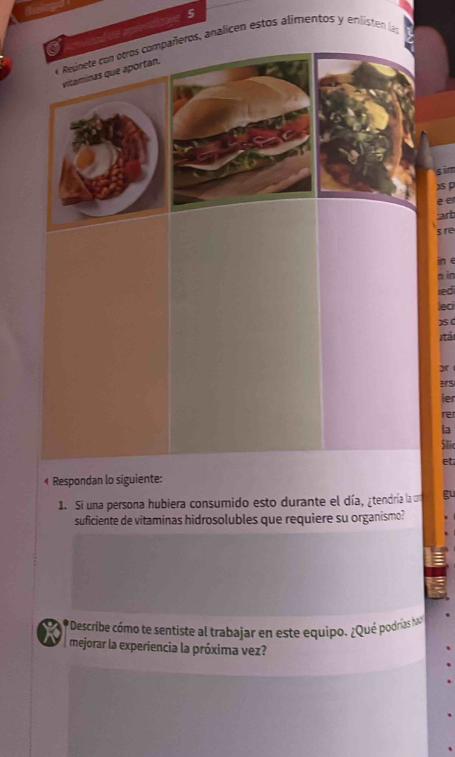 Reúnete con otros compañeros, analicen estos alimentos y enlisten las 
vitaminas que aportan. 
im 
red 
leci 
)S ( 
Itá 
or 
?s 
ier 
rer 
la 
Sli 
et 
4 Respondan lo siguiente: 
1. Si una persona hubiera consumido esto durante el día, ¿tendría la cn gu 
suficiente de vitaminas hidrosolubles que requiere su organismo? 
Describe cómo te sentiste al trabajar en este equipo. ¿Qué podrías ha 
mejorar la experiencia la próxima vez?