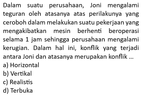 Dalam suatu perusahaan, Joni mengalami
teguran oleh atasanya atas perilakunya yang
ceroboh dalam melakukan suatu pekerjaan yang
mengakibatkan mesin berhenti beroperasi
selama 1 jam sehingga perusahaan mengalami
kerugian. Dalam hal ini, konflik yang terjadi
antara Joni dan atasanya merupakan konflik ...
a) Horizontal
b) Vertikal
c) Realistis
d) Terbuka