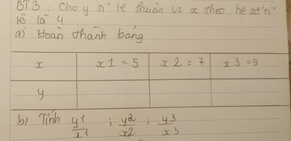 073: Cho y n" le thuán Us x theo he son"?
la 9:
ai boan thanh bang
b) Tinh
 y1/x1 ; y2/x2 ; y3/x3 