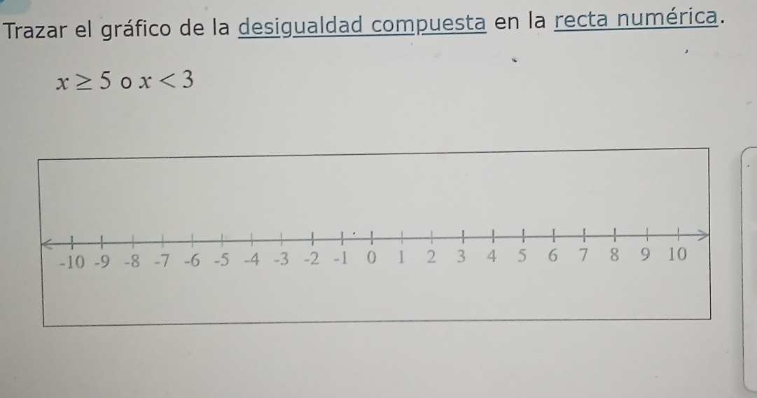 Trazar el gráfico de la desigualdad compuesta en la recta numérica.
x≥ 5 x<3</tex>