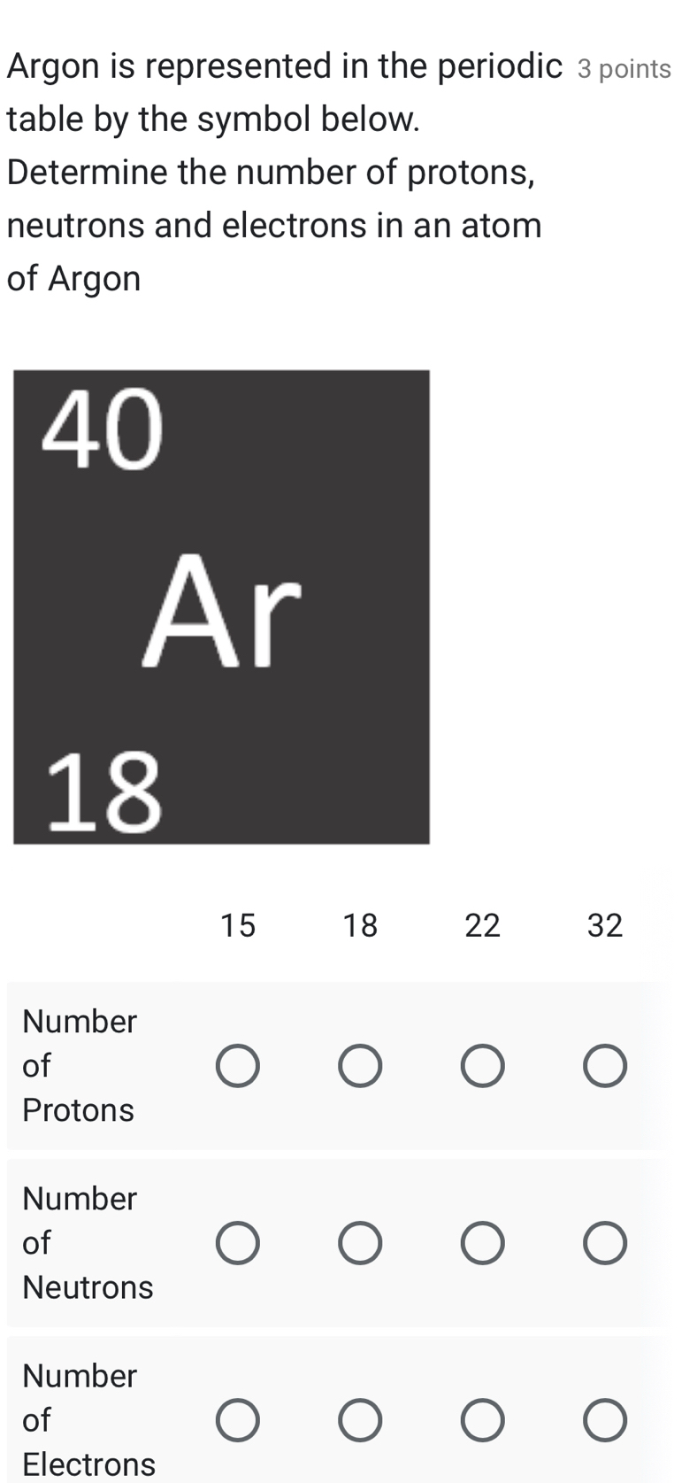 Argon is represented in the periodic 3 points 
table by the symbol below. 
Determine the number of protons, 
neutrons and electrons in an atom 
of Argon
40
Ar
18
15 18 22 32
Number 
of 
Protons 
Number 
of 
Neutrons 
Number 
of 
Electrons