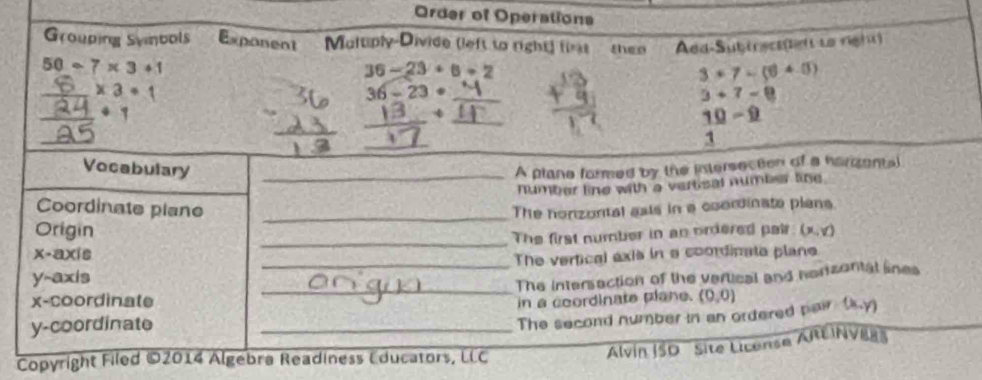 Order of Operations 
Grouping Symbols Expanent Maltiply-Divide (left to right) first then Aed-Subtryct (lf lo right)
50-7* 3+1
36-23+6+2
3=7-(6+0)
_
* 3· 1
36-23· _
3+7=8
_ 
_ 0 1
_
4
10-9
_ 
_ 
1 
Vocabulary _A plane formed by the intersection of a harizentsl 
number line with a vertisal number like. 
Coordinate plane _The honzontal asis in a coordinate plans. 
Origin (x,y)
_The first number in an ordered pair 
x-axis 
y-axis _The vertical exis in a coordinate plane 
x-coordinate _The intersaction of the vertical and horizontal snes 
y-coordinate _in a coordinate plane. (0,0)
The second number in an ordered pair (x,y)
Alvin ISD Site License ARE INVEBS 
Copyright Filed ©2014 Algebra Readiness Educators, LLC