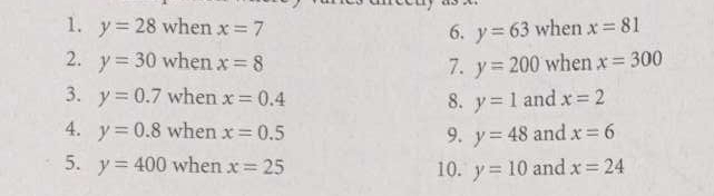 y=28 when x=7 6. y=63 when x=81
2. y=30 when x=8 7. y=200 when x=300
3. y=0.7 when x=0.4 8. y=1 and x=2
4. y=0.8 when x=0.5 9. y=48 and x=6
5. y=400 when x=25 10. y=10 and x=24