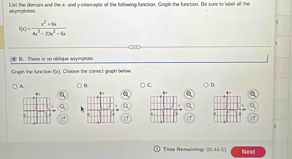 List the domain and the x - and y-intercepts of the following function. Graph the function. Be sure to label all the
asymptotes.
f(x)= (x^2+6x)/4x^3-23x^2-6x 
3
1
B. There is no oblique asymptote.
Graph the function f(x). Choose the correct graph below.
A.
B.
C.
D.

3
Time Remaining: 00.44.51 Next