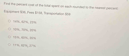 Find the percent cost of the total spent on each rounded to the nearest percent:
Equipment $36, Fees $158, Transportation $59
14%, 62%, 23%
10%, 70%, 20%
15%, 60%, 35%
11%, 62%, 27%