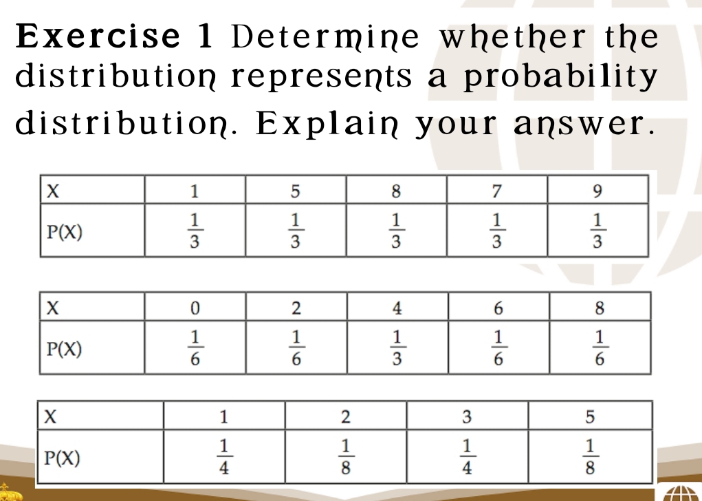 Determine whether the
distribution represents a probability
distribution. Explain your answer.