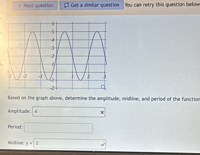 Next question Get a similar question You can retry this question below 
Based on the graph above, determine the amplitude, midline, and period of the function 
Amplitude: 4*
Period: □ 
Midline: y=2 □