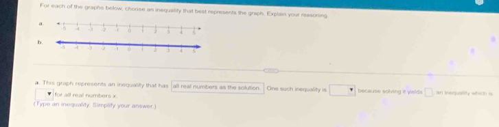 For each of the graphs bellow, choose an inequality that best represents the graph. Explain your reasoning 
a. 
b 
a. This graph represents an inequality that has all real numbers as the solution . One such inequality is because solving it yields □ an inequality which is 
for all real numbers x
(Type an inequality. Simplify your answer.)