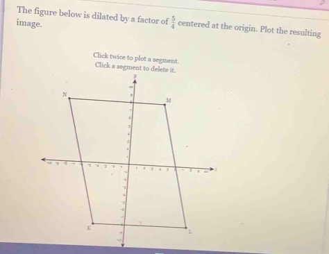 The figure below is dilated by a factor of  5/4  centered at the origin. Plot the resulting 
image. 
Click twice to plot a segment. 
Click a segment to