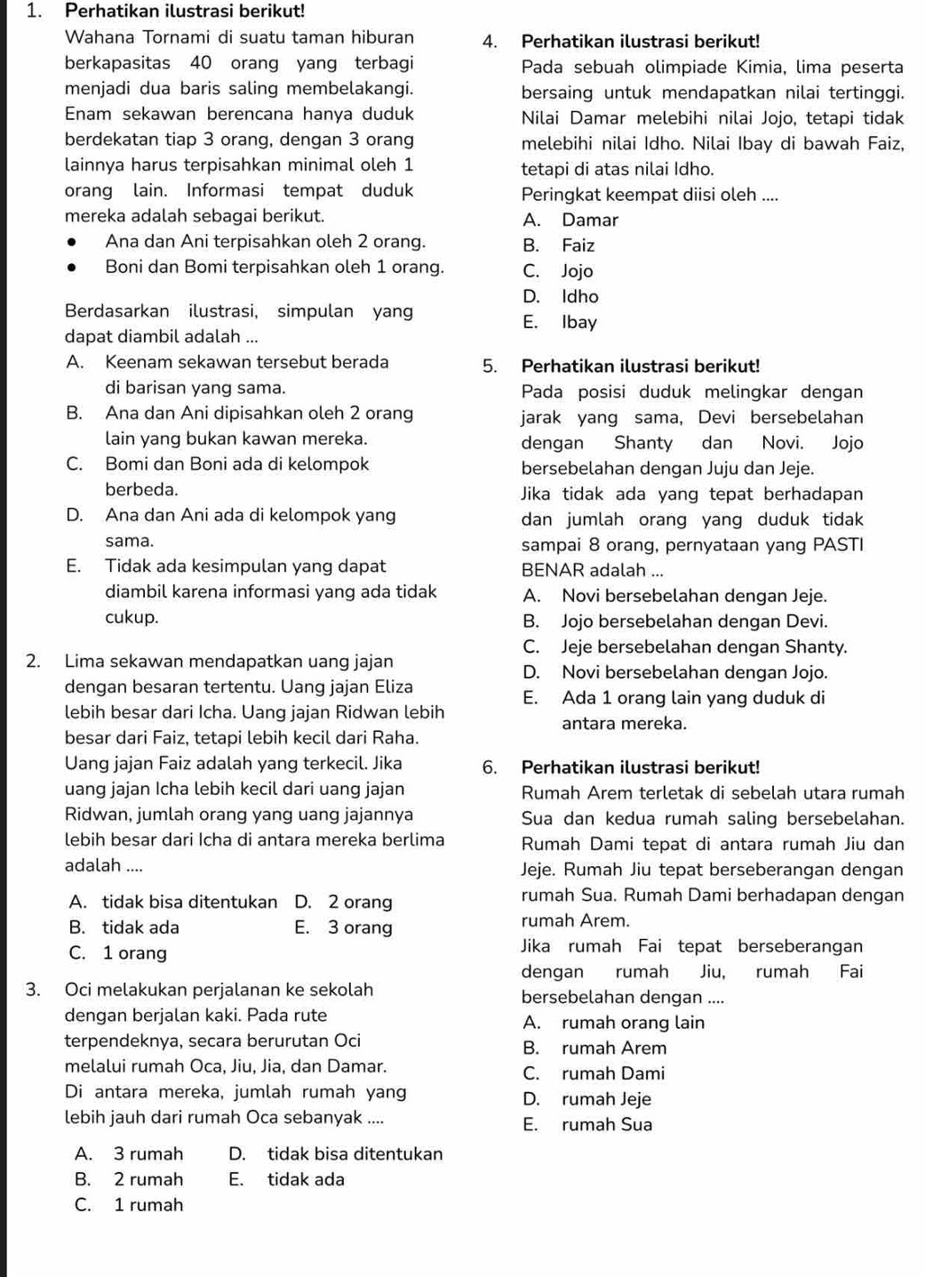 Perhatikan ilustrasi berikut!
Wahana Tornami di suatu taman hiburan 4. Perhatikan ilustrasi berikut!
berkapasitas 40 orang yang terbagi Pada sebuah olimpiade Kimia, lima peserta
menjadi dua baris saling membelakangi. bersaing untuk mendapatkan nilai tertinggi.
Enam sekawan berencana hanya duduk Nilai Damar melebihi nilai Jojo, tetapi tidak
berdekatan tiap 3 orang, dengan 3 orang melebihi nilai Idho. Nilai Ibay di bawah Faiz,
lainnya harus terpisahkan minimal oleh 1 tetapi di atas nilai Idho.
orang lain. Informasi tempat duduk Peringkat keempat diisi oleh ....
mereka adalah sebagai berikut. A. Damar
Ana dan Ani terpisahkan oleh 2 orang. B. Faiz
Boni dan Bomi terpisahkan oleh 1 orang. C. Jojo
D. Idho
Berdasarkan ilustrasi, simpulan yan E. Ibay
dapat diambil adalah ...
A. Keenam sekawan tersebut berada 5. Perhatikan ilustrasi berikut!
di barisan yang sama. Pada posisi duduk melingkar dengan
B. Ana dan Ani dipisahkan oleh 2 orang jarak yang sama, Devi bersebelahan
lain yang bukan kawan mereka. dengan Shanty dan Novi. Jojo
C. Bomi dan Boni ada di kelompok bersebelahan dengan Juju dan Jeje.
berbeda. Jika tidak ada yang tepat berhadapan
D. Ana dan Ani ada di kelompok yang dan jumlah orang yang duduk tidak 
sama. sampai 8 orang, pernyataan yang PASTI
E. Tidak ada kesimpulan yang dapat BENAR adalah ...
diambil karena informasi yang ada tidak A. Novi bersebelahan dengan Jeje.
cukup. B. Jojo bersebelahan dengan Devi.
C. Jeje bersebelahan dengan Shanty.
2. Lima sekawan mendapatkan uang jajan D. Novi bersebelahan dengan Jojo.
dengan besaran tertentu. Uang jajan Eliza
E. Ada 1 orang lain yang duduk di
lebih besar dari Icha. Uang jajan Ridwan lebih
antara mereka.
besar dari Faiz, tetapi lebih kecil dari Raha.
Uang jajan Faiz adalah yang terkecil. Jika 6. Perhatikan ilustrasi berikut!
uang jajan Icha lebih kecil dari uang jajan Rumah Arem terletak di sebelah utara rumah
Ridwan, jumlah orang yang uang jajannya Sua dan kedua rumah saling bersebelahan.
lebih besar dari Icha di antara mereka berlima Rumah Dami tepat di antara rumah Jiu dan
adalah .... Jeje. Rumah Jiu tepat berseberangan dengan
A. tidak bisa ditentukan D. 2 orang rumah Sua. Rumah Dami berhadapan dengan
B. tidak ada E. 3 orang rumah Arem.
C. 1 orang
Jika rumah Fai tepat berseberangan
dengan rumah Jiu, rumah Fai
3. Oci melakukan perjalanan ke sekolah bersebelahan dengan ....
dengan berjalan kaki. Pada rute A. rumah orang lain
terpendeknya, secara berurutan Oci B. rumah Arem
melalui rumah Oca, Jiu, Jia, dan Damar. C. rumah Dami
Di antara mereka, jumlah rumah yang D. rumah Jeje
lebih jauh dari rumah Oca sebanyak .... E. rumah Sua
A. 3 rumah D. tidak bisa ditentukan
B. 2 rumah E. tidak ada
C. 1 rumah