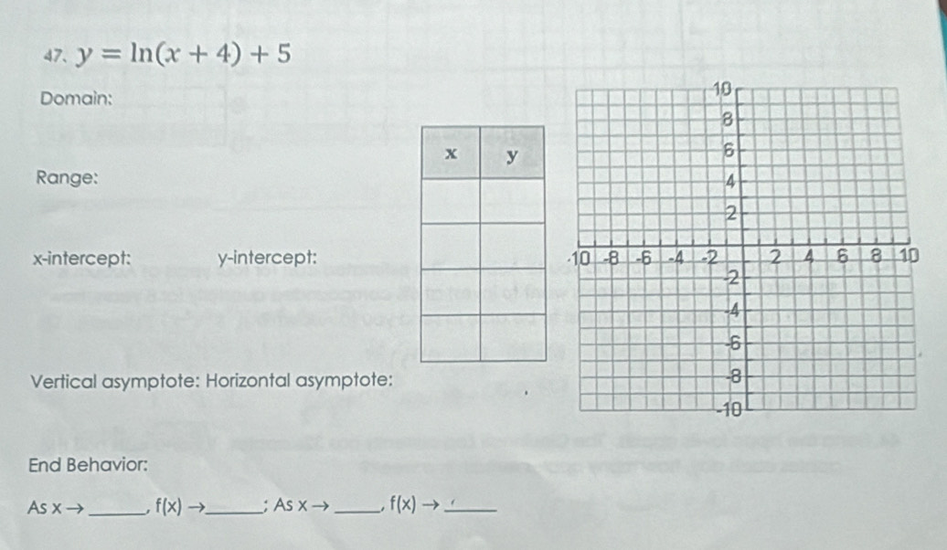 y=ln (x+4)+5
Domain: 
Range: 
x-intercept: y-intercept: 
Vertical asymptote: Horizontal asymptote: 
End Behavior: 
As x _ f(x)to _ : Asxto _ f(x)to _