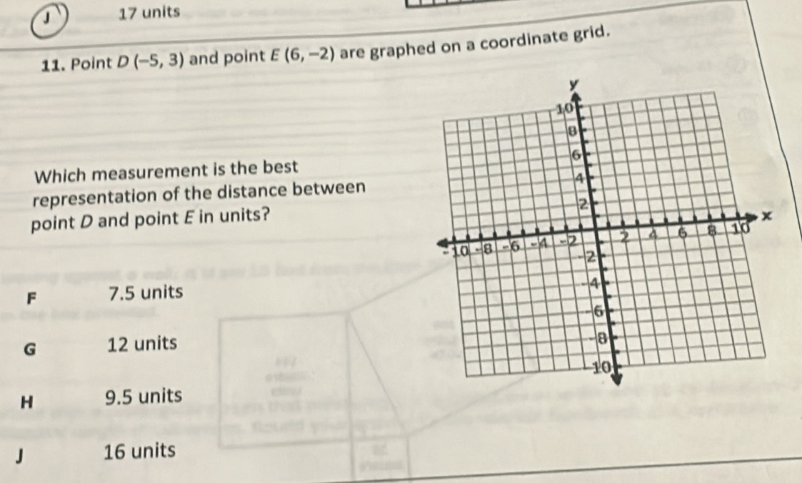 17 units
11. Point D(-5,3) and point E(6,-2) are graphed on a coordinate grid.
Which measurement is the best
representation of the distance between
point D and point E in units?
F 7.5 units
G 12 units
H 9.5 units
J 16 units