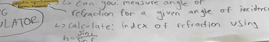 mris Can you. measure angle of 
G refraction for a given angle of inciderc 
LATOR v) calculate: indcx of refraction Using
h= sin i/sin r 